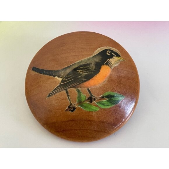 Vintage 1970s Wood Brooch With Decoupage Robin Bird - Picture 4 of 7